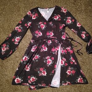 Black floral faux-wrap dress